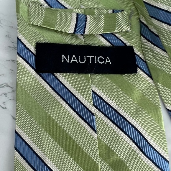 NAUTICA - 100% Silk Men's Neck Tie - Made in China - Green Blue Stripe 58 x 3.5 - Picture 5 of 8